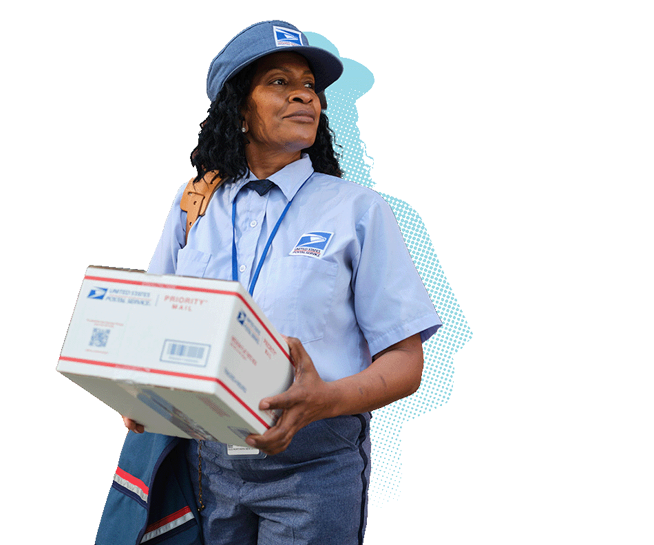 A mail carrier holds a Priority Mail® box.