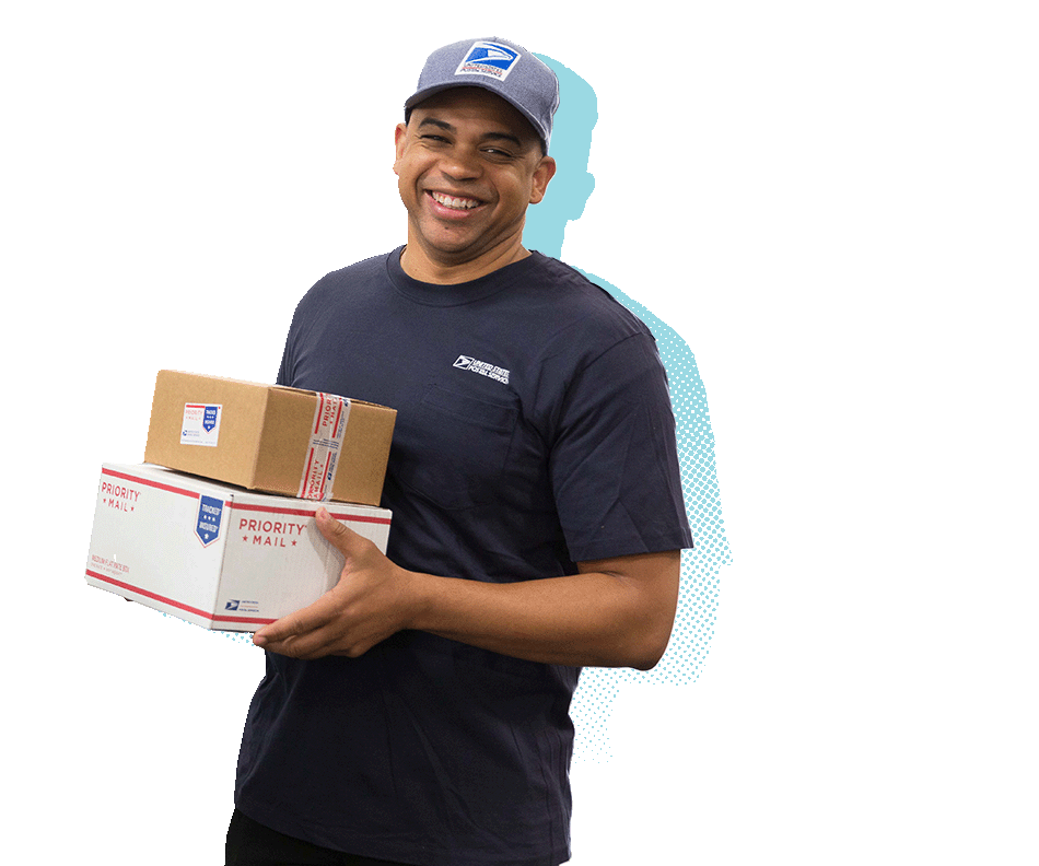 A plant employee holds a stack of two Priority Mail® boxes.