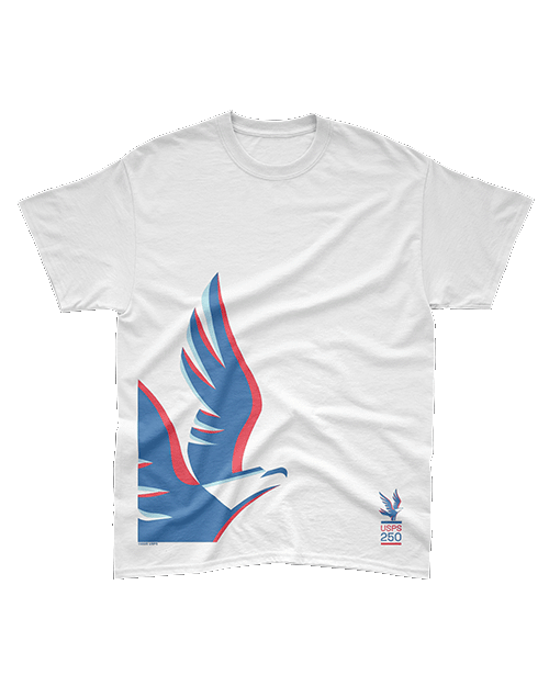 A white T-shirt with a print of an eagle in flight in the lower left corner.