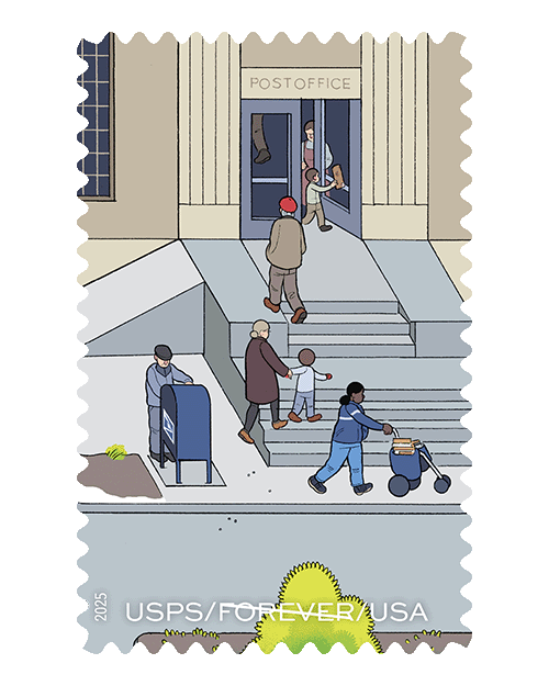 An illustrated Forever® stamp depicting people going about their day outside of a Post Office™ location.