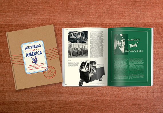 A colorful photograph of the cover of the Delivering for America: How the United States Postal Service Built a Nation book.