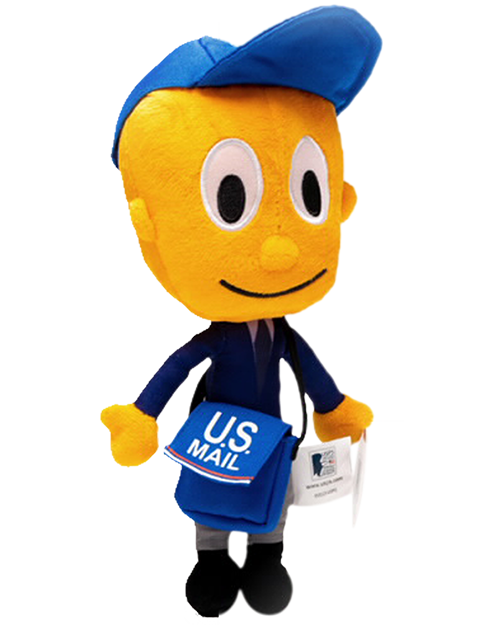 A plush toy representing Mr. ZIP with a blue crossbody mailbag and two letters in his hand.