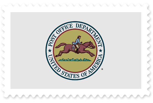 A Post Office Department seal depicting a rider delivering mail on a horse against a yellow background.