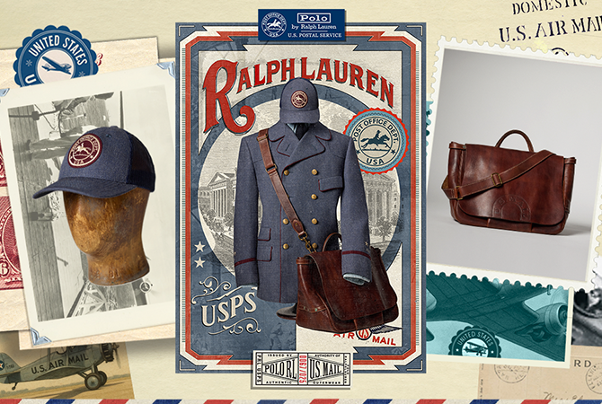 A collage of photographs and illustrations including Polo Ralph Lauren collaboration logos, a blue cap with burgundy patch, blue double-breasted coat with brown leather messenger bag, and air mail planes.